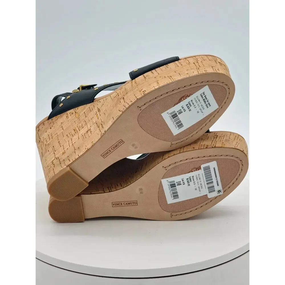 Vince Camuto Ellana Black Leather Studded Cork Wedge Sandals Women’s Size 9M New